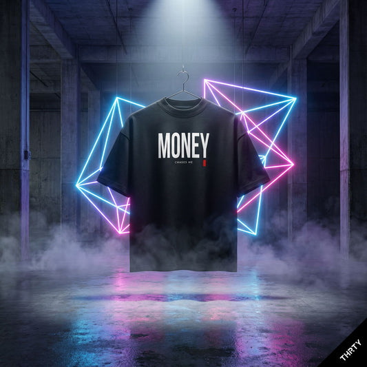 THRTY Oversized Tee || MONEY CHASES ME (Black · French Navy)